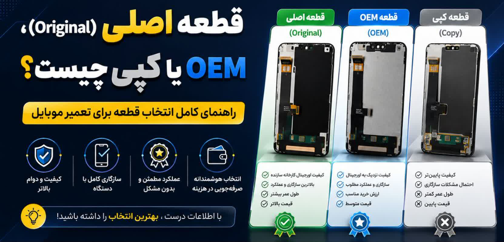 قطعه اصلی (Original)، OEM یا کپی چیست؟ راهنمای کامل انتخاب قطعه برای تعمیر موبایل